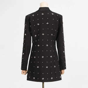 Back view of slim fit black blazer featuring intricate rhinestone flower embellishments