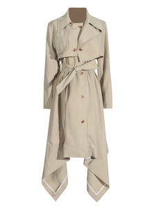 Classic khaki long trench coat for women with irregular hem and stylish waist belt details
