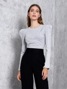 Slim fit light gray long sleeve t-shirt with puff sleeves and pleated front detail