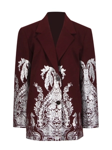 Blazer long bordeaux pour femmes avec imprimé baroque argenté et revers classiques