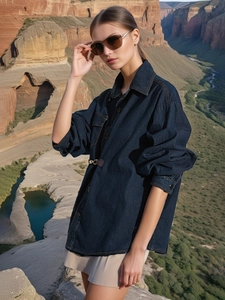 Giacca di Jeans da Donna alla Moda Vestibilità Larga Bavero Manica Lunga Cuciture a Contrasto Capispalla Con Fibbia in Metallo Casual Moda Primavera