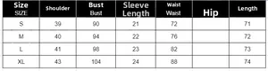 Tableau des tailles pour robe blazer à strass avec mesures épaules et poitrine