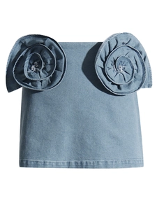 Elegante lichtblauwe denim minirok met 3D-bloemaccenten en a-lijn silhouet model
