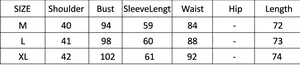 Detailed size chart for women blazer showing shoulder, chest, and length measurements