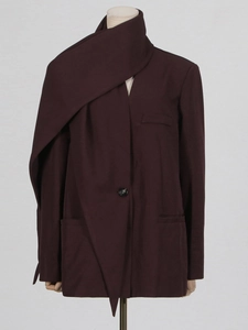 Fashionable burgundy oversized wool blazer for women featuring a unique scarf-style collar design
