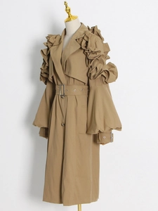 Khaki long trench coat featuring layered ruffle trim shoulders and puff sleeves with belt
