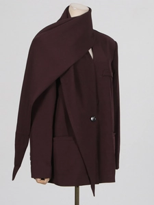 Deep burgundy oversized blazer with integrated long scarf detail and single button closure
