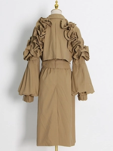 Elegant khaki trench coat featuring Ruffle-trimmed back and lantern sleeves with waist belt