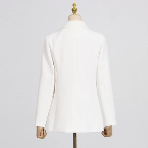 Rear view of white women's blazer with structured fit and minimalist back seam detail