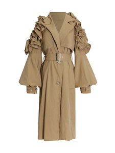 Khaki long trench coat with stylish layered ruffle details and matching waist belt
