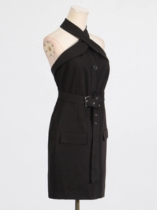 Elegant black halter neck dress with button-down front and waist belt design