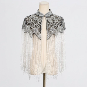 Exquisite silver hand-beaded floral embroidery on black mesh shawl with long fringe trim