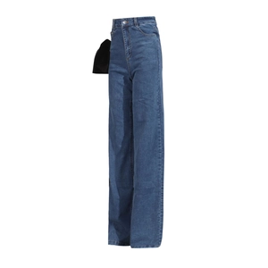 Detailed side view showing high-waisted design and stitching on wide-leg denim jeans