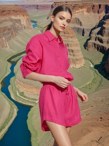 Women's rose red two-piece casual set with long sleeve lapel shirt and high waist pants