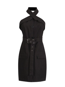 Elegant black halter neck dress featuring a belted high waist and sleek A-line silhouette