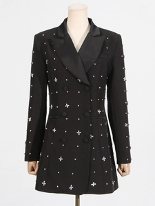 Women's black slim fit blazer with satin lapels and rhinestone flower patterns