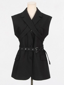 Elegant black sleeveless blazer vest for women with a waist belt and crossover design