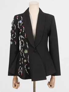 Women black lapel blazer with colorful rhinestone embroidery and ruffled hem design