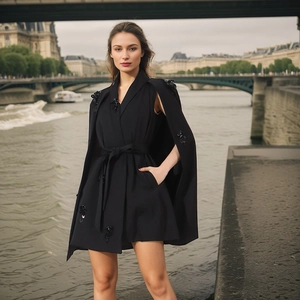 Detail of black cloak dress with sequin floral embroidery and tailored waist belt