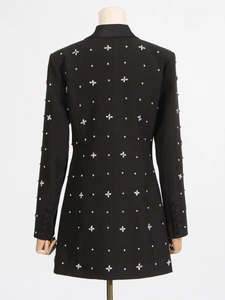 Women's black tailored blazer with rhinestone flower patterns and pointed collar on back