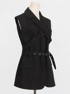 Elegant sleeveless black blazer vest with notched lapels and matching eyelet belt for women