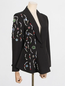 Women's slim fit black blazer featuring luxury rhinestones and pearl embellishments