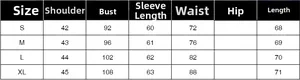 Detailed size chart with S, M, L, XL dimensions for the elegant casual suit blazer