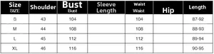 Detailed size chart for women's blazer showing shoulder, bust, waist, and length measurements