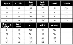 Detailed size chart for asymmetric top and high-waist wide-leg pants set for women
