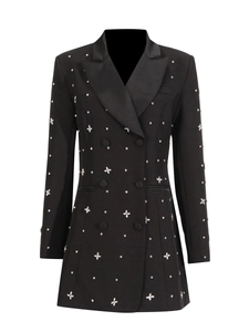 Women's black slim-fit blazer dress with satin lapels and sparkling silver rhinestones