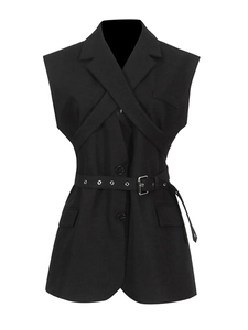 Elegant black sleeveless blazer vest with notched lapels and adjustable eyelet waist belt