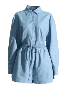 Women's light blue two-piece lounge set with long-sleeved shirt and drawstring shorts