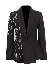 Slim fit black blazer for women featuring colorful rhinestones and elegant pearls
