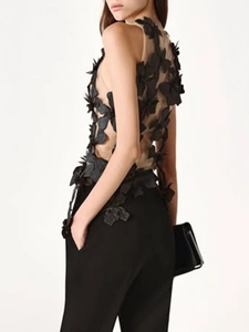 Women's chic sleeveless mesh top featuring 3D floral appliqués and sheer mesh detailing