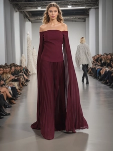 Elegant Women Off Shoulder Patchwork Top And Pleated Maxi Skirt Burgundy Formal Banquet Wedding Party Clothes