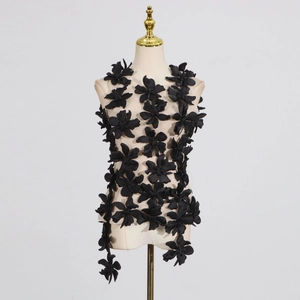Detail of sheer beige mesh top with black 3D floral appliqués and sleeveless design