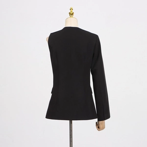 Detail view of black asymmetric single-sleeve blazer with tailored high-density fabric