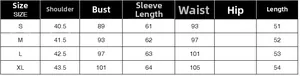 Detailed size chart for hooded women's shirt with shoulder, bust, and waist dimensions