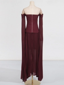 Elegant burgundy off-shoulder top and pleated maxi skirt two-piece set for women