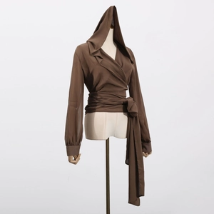 Detail view of coffee brown hooded wrap shirt showing waist tie and lightweight fabric texture
