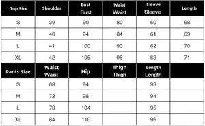 Detailed size chart for women's top and long skirt set including S, M, L, XL measurements
