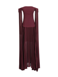 Elegant off-shoulder burgundy pleated gown with extra-long floor-length flowing sleeves
