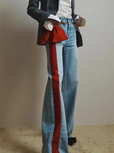 Women Trendy High Waist Denim Jeans Contrast Side Stripes Red Satin Bow Decor Straight Wide Leg Cotton Blend Long Pants