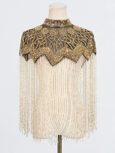 Elegant gold beaded cape with fringe sequins and botanical embroidery on black mesh base