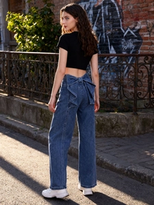 Élégant Jean en Denim à Jambes Larges et Taille Haute pour Femmes Avec Grand Nœud Papillon à l'arrière Pantalon Droit Mince Décontracté