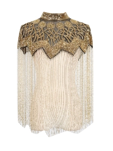 Elegant gold beaded tassel cape with intricate embroidery and vintage high neck design