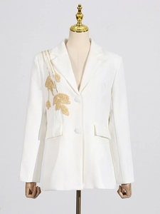 Elegant white blazer for women with gold leaf embroidery on the shoulder and lapel