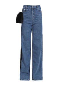Women's dark blue wide leg denim jeans with side black paneling and deconstructed waist detail