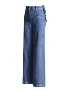 Jean droit ajusté à taille haute avec délavage bleu foncé et couture sur le devant