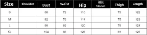 Detailed size chart for women's jumpsuit including bust waist hip and length measurements